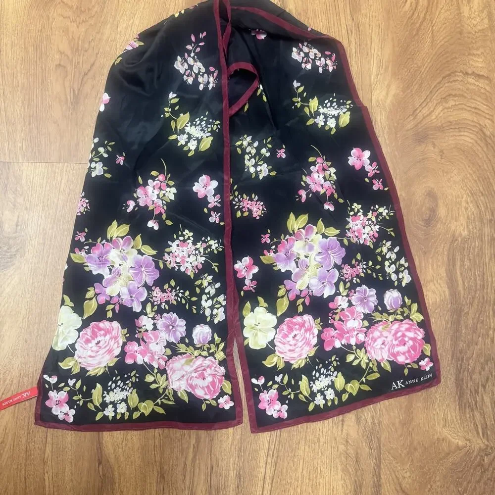 Vintage Anne‎ Klein 100% Silk scarf black pink floral signed rectangle Korea